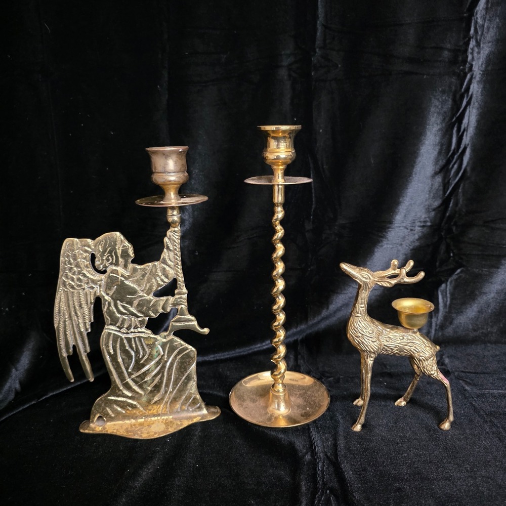 VTG lot of 3 Brass Candlestick Holders: Angel, Barley Twist & Reindeer Christmas